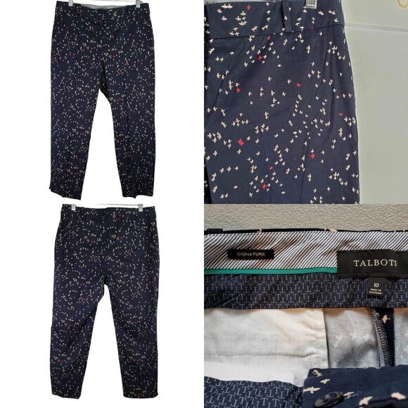Talbots Chino Pants Women's Size 10 Signature Fit Navy Blue Bird Print - Picture 1 of 7
